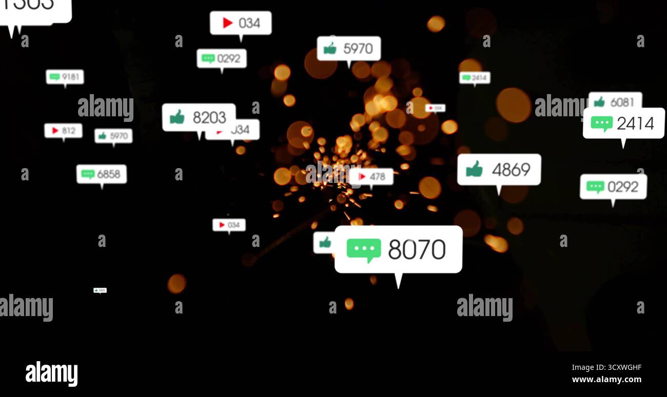 Icône de commentaire vert flottant 8070 planant dans l'interface, avec bokeh orange, pouces vers le haut et icônes de lecture Banque D'Images