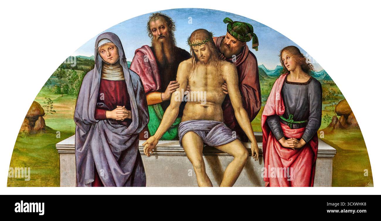 La lunetta con la Pietà della pala 'Madonna in trono con Bambino e santi ' - tempera su tavola - Pietro Vannucci detto il Perugino - 1497 - Fano (P Banque D'Images