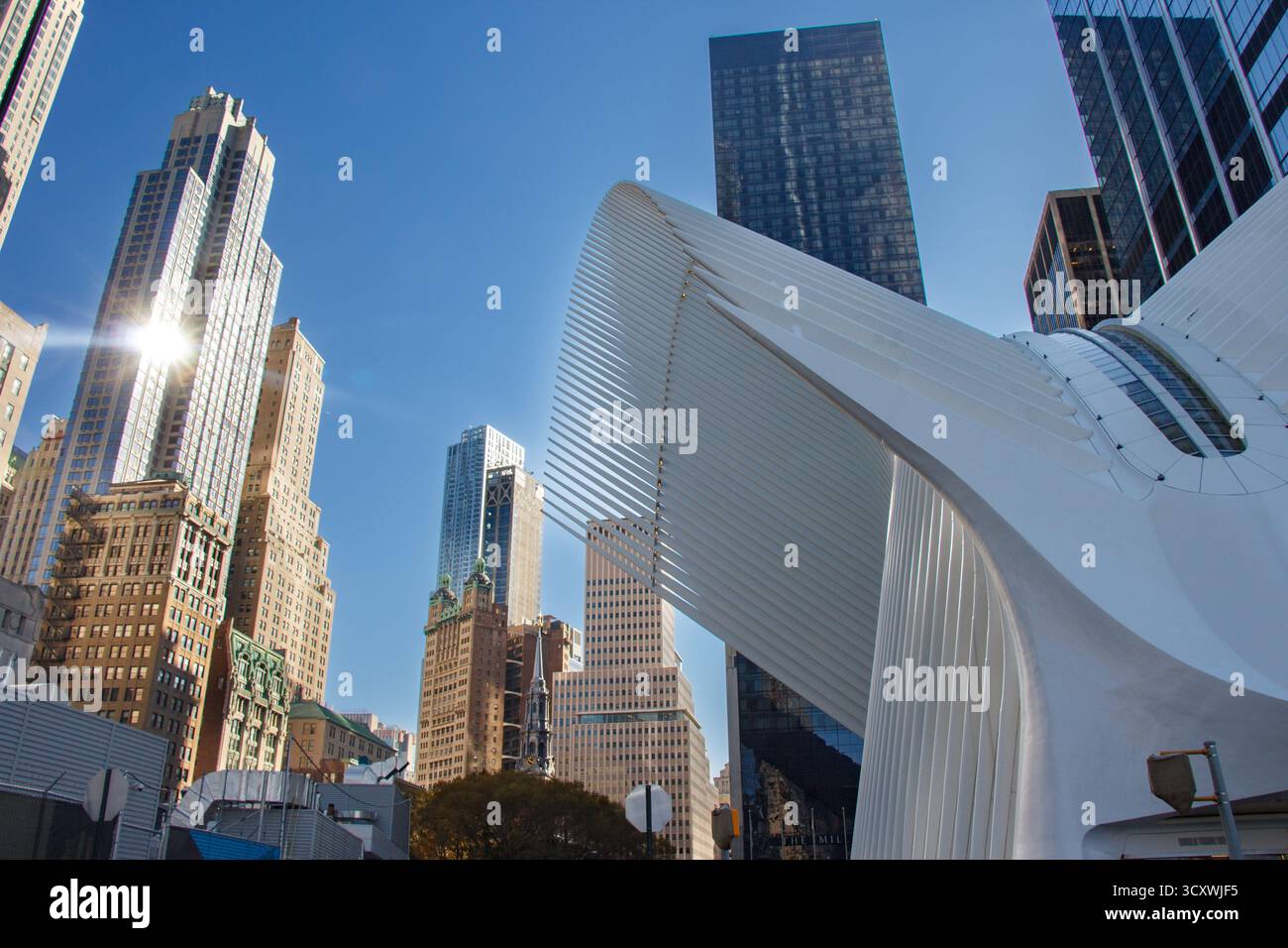 L'Oculus World Trade Center architecture moderne et immeubles de bureaux dans le quartier financier, Lower Manhattan, New York City, États-Unis Banque D'Images