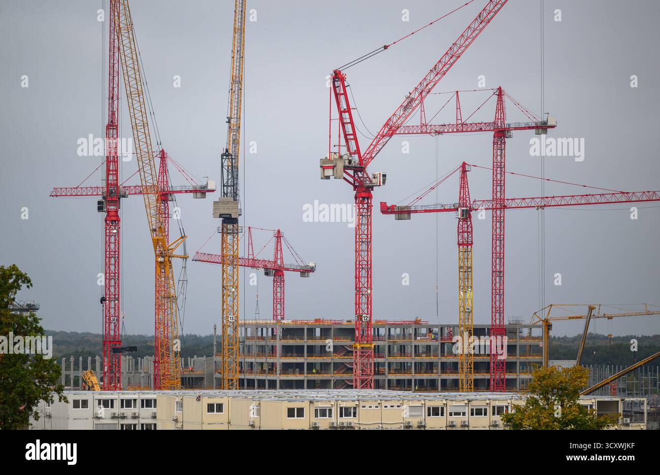 Dresde, Allemagne. 16 octobre 2025. Les grues de construction se trouvent sur le chantier de la future usine de puces du groupe de semi-conducteurs ESMC (European Semiconductor Manufacturing Company). L’investissement d’une dizaine de milliards d’euros est un projet commun entre le géant taïwanais TSMC et Bosch, Infineon et NXP Semiconductor. TSMC détiendra 70 % de la société, les autres associés détenant chacun 10 %. Crédit : Robert Michael/dpa/Alamy Live News Banque D'Images