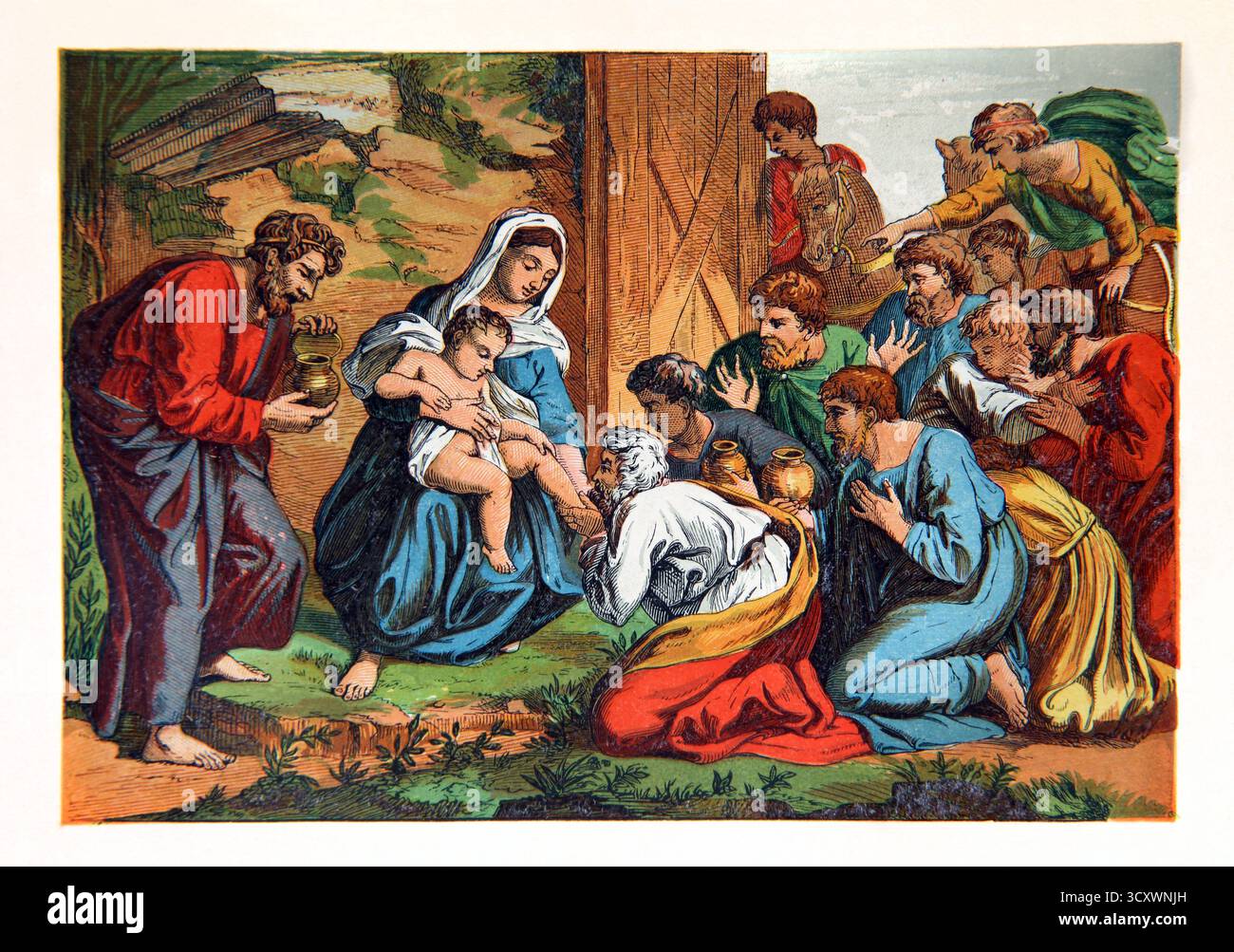 Illustration de la Nativité trois Sages donnant de l'or, de l'encens et de la myrrhe au bébé Jésus (Évangile) du XIXe siècle lectures picturales du dimanche par le révérend William Owen volume Banque D'Images