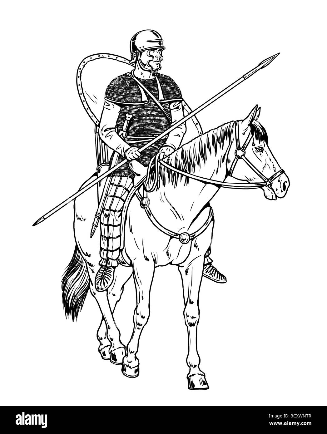 Le Celtic Rider. Cavalier guerrier antique. Dessin historique. Banque D'Images