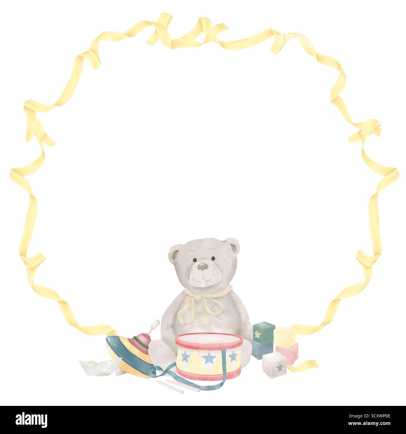 Carte drôle pour enfants avec ours en peluche et jouets pour enfants. Illustration numérique aquarelle. Cadre rond fait de rubans, tambour et cubes, isolé sur w Banque D'Images