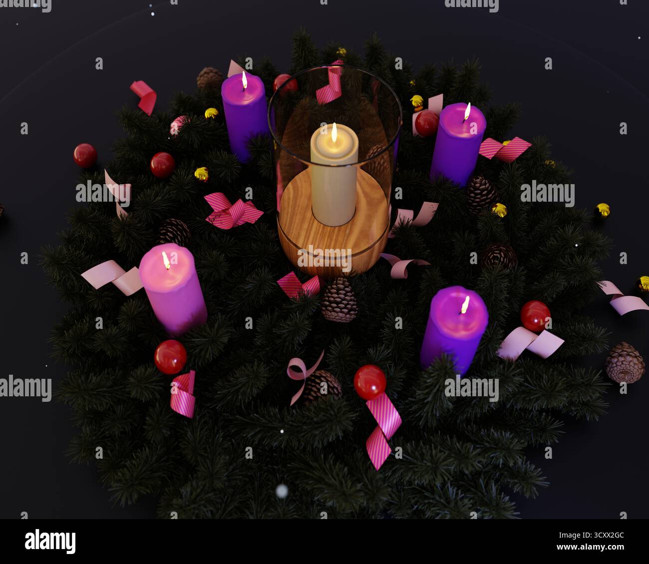 Couronne de l'Avent et bougies, Une couronne de l'Avent artisanale qui brille avec des bougies allumées, leurs flammes chaudes projetant un scintillement festif, parfait pour une illustration de vacances Banque D'Images