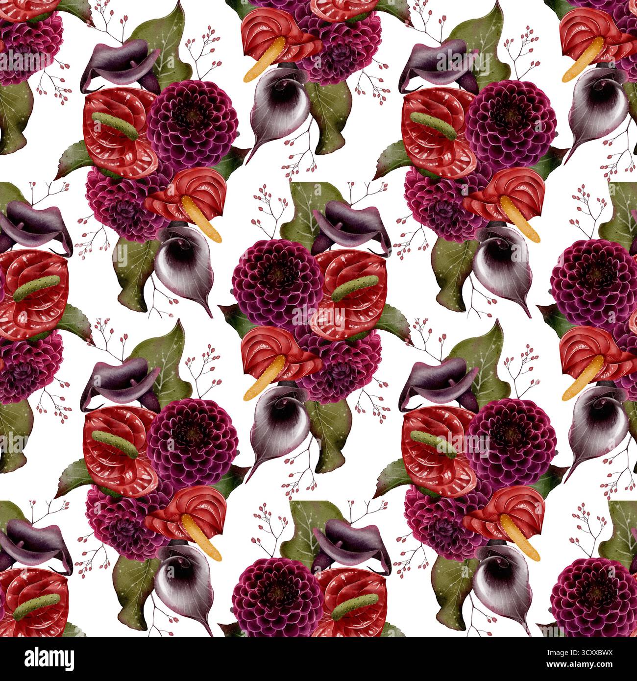 Motif aquarelle sans couture avec anthuriums Bordeaux, lys calla et dahlias sur fond blanc. L'illustration à la main convient aux textiles, aux emballages, aux cartes postales, à la décoration et aux décorations de vacances. Banque D'Images