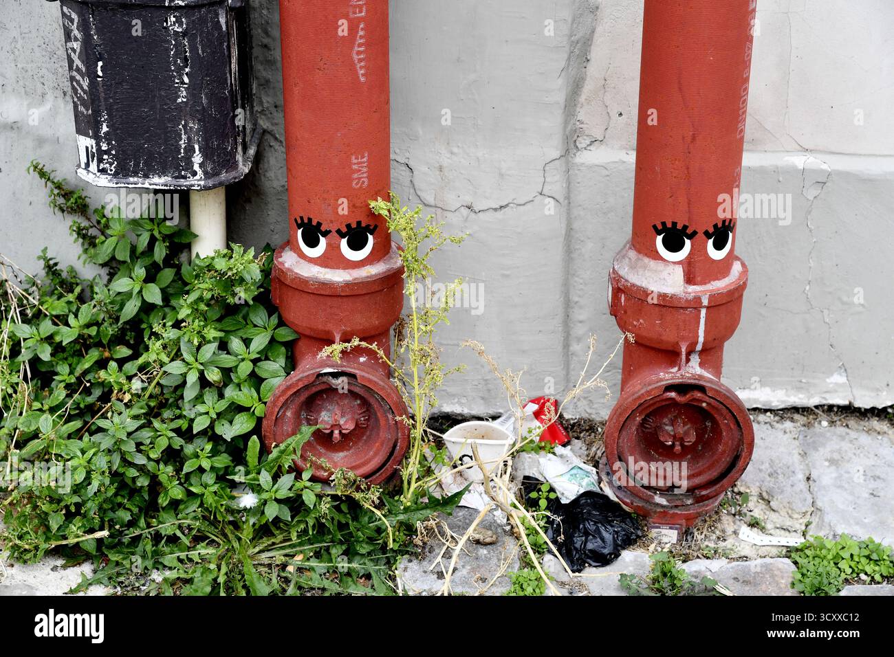 deux tuyaux utilitaires verticaux rouge vif, probablement des colonnes d'eau ou des connexions de protection incendie, décorés d'yeux peints ou collés à Montmartre - Paris Banque D'Images