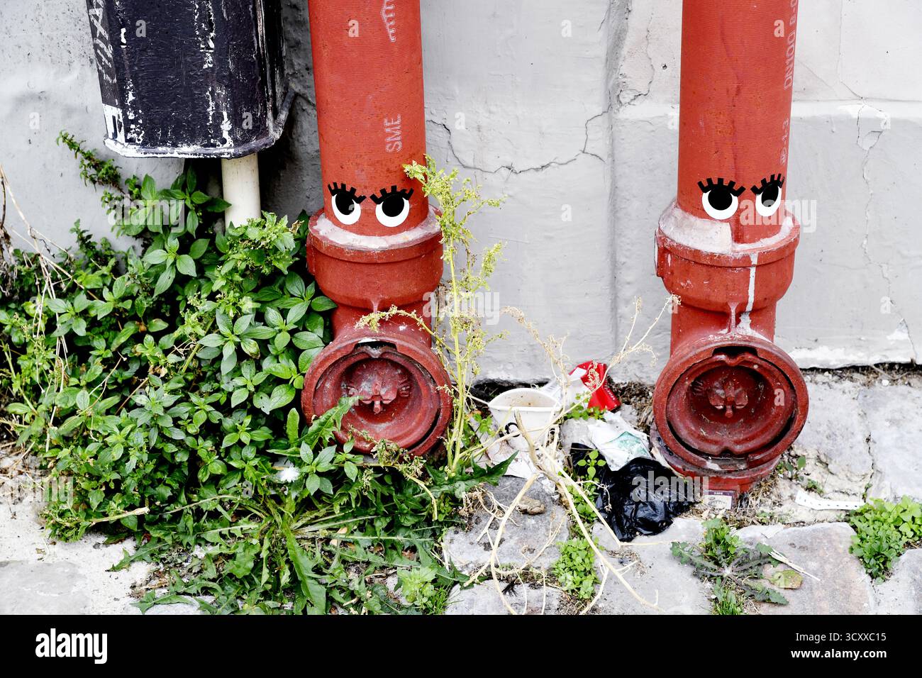 deux tuyaux utilitaires verticaux rouge vif, probablement des colonnes d'eau ou des connexions de protection incendie, décorés d'yeux peints ou collés à Montmartre - Paris Banque D'Images