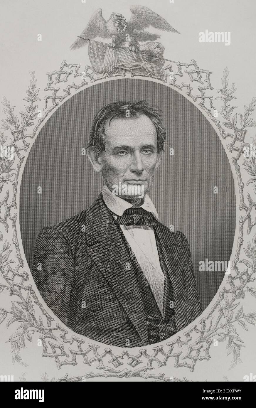 Abraham Lincoln (1809-1865) Politicien et avocat américain. 16e président des États-Unis d'Amérique, du 4 mars 1861 jusqu'à son assassinat le 14 avril 1865 au Ford's Theatre à Washington, D.C. Lincoln a dirigé les États-Unis pendant la guerre de Sécession, battant les États confédérés et jouant un rôle majeur dans l'abolition de l'esclavage. Portrait. Gravure. Histoire des États-Unis, par J. A. Spencer. Volume III Edition publié à Barcelone, 1873. Banque D'Images