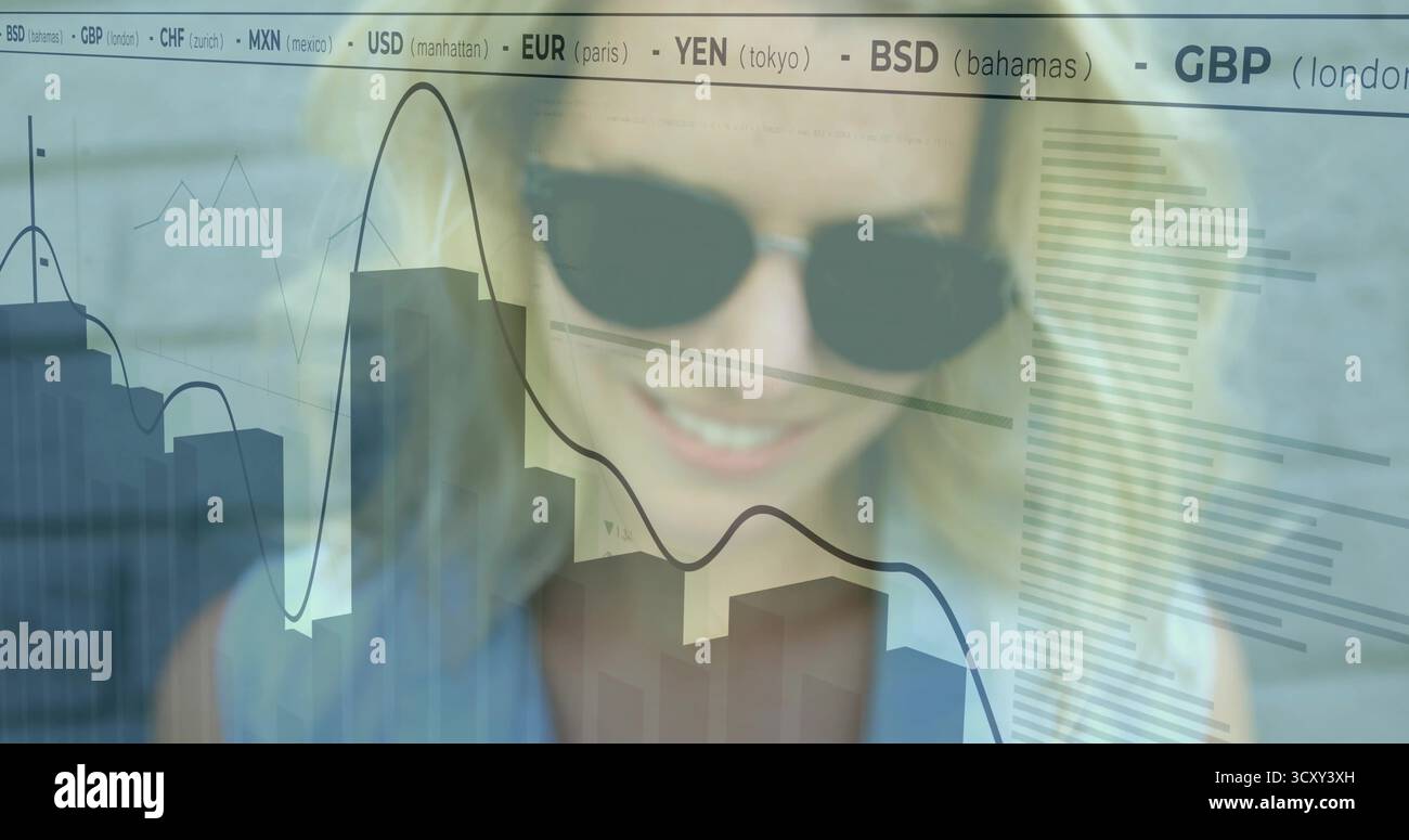 Manager en nuances et blazer bleu analysant les graphiques sur le panneau d'affichage avec les codes de devise dans le bureau Banque D'Images