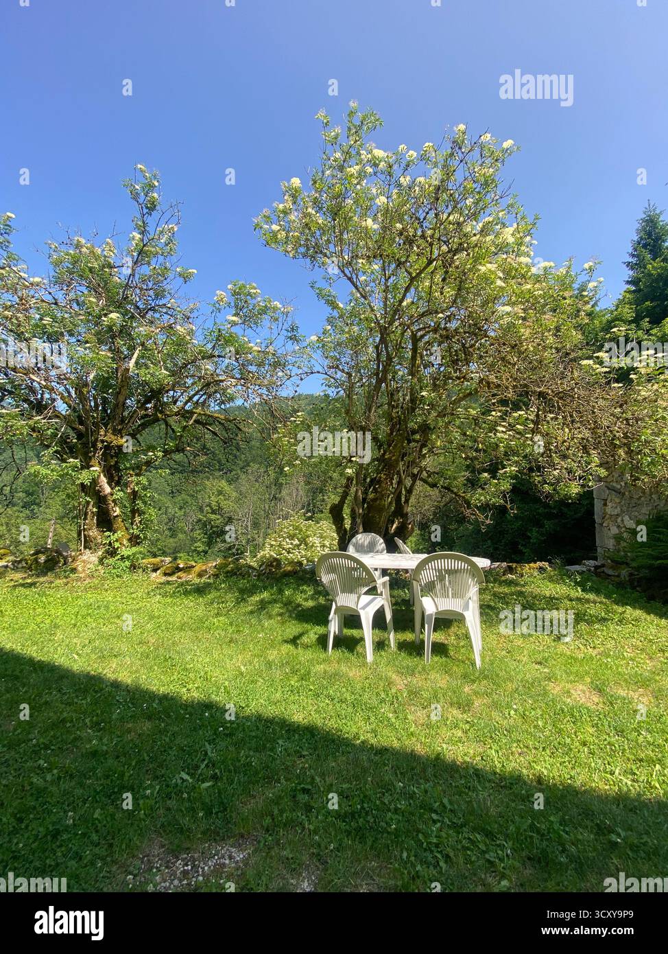 Table de jardin avec chaises dans la campagne ensoleillée Banque D'Images