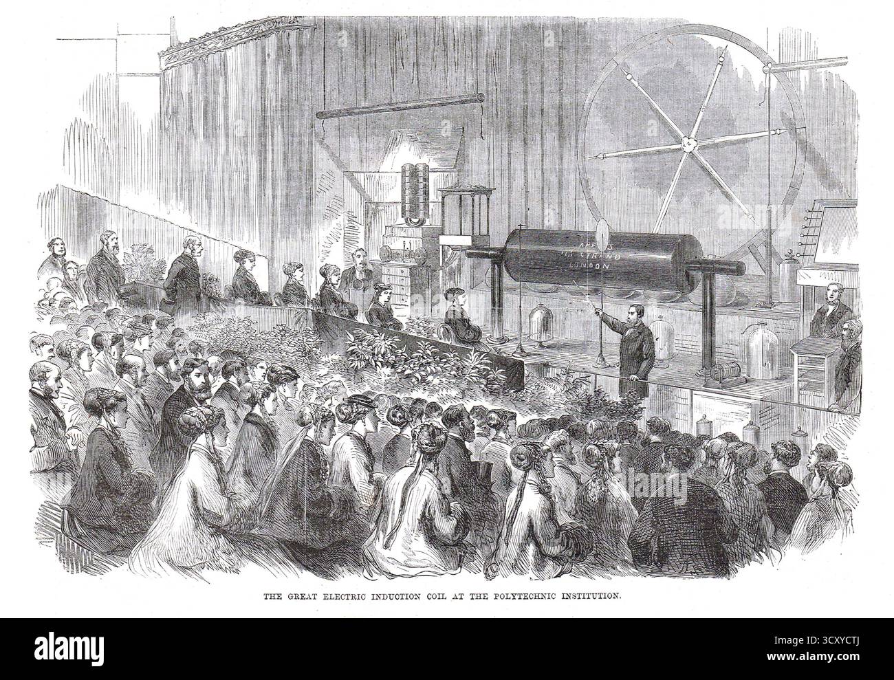 Professeur Pepper démontrant la grande bobine d'induction électrique, à la Royal Polytechnic institution de Londres, 1869. Banque D'Images