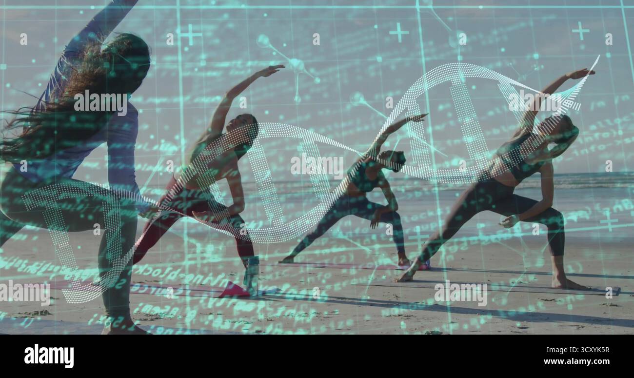 Étirer quatre femmes faisant des virages latéraux sur une plage de sable avec hélice ADN holographique, code et grilles Banque D'Images