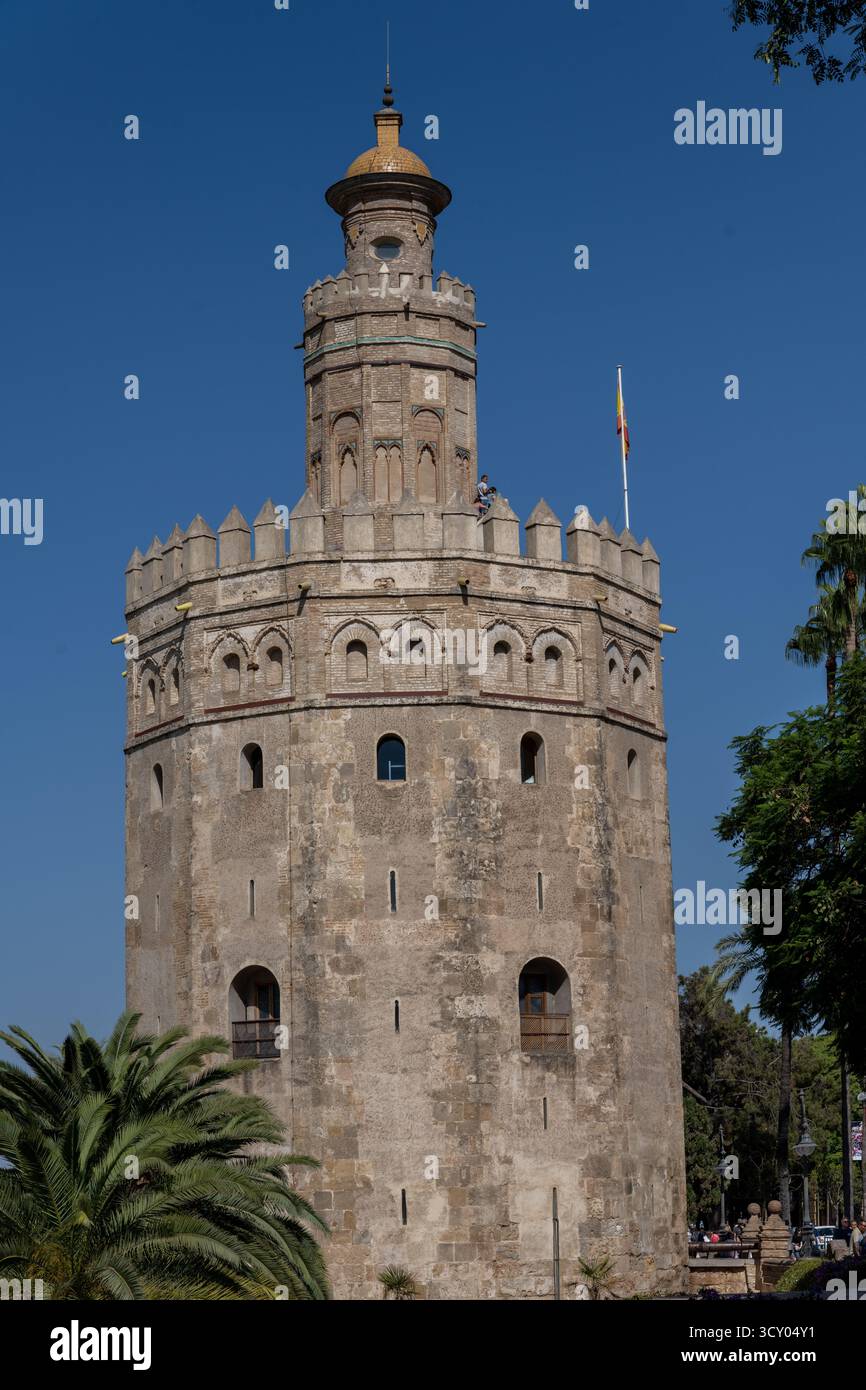 Vue sur la Torre del Oro à Séville, en Espagne, un symbole historique de la ville situé le long du fleuve Guadalquivir. Ancienne tour défensive mauresque avec Banque D'Images