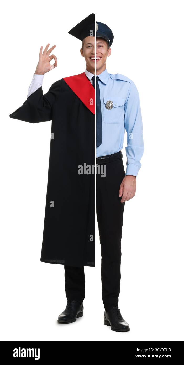 Choix de la profession. Portrait combiné d'étudiant diplômé sur une moitié et policier sur l'autre. Fond blanc Banque D'Images