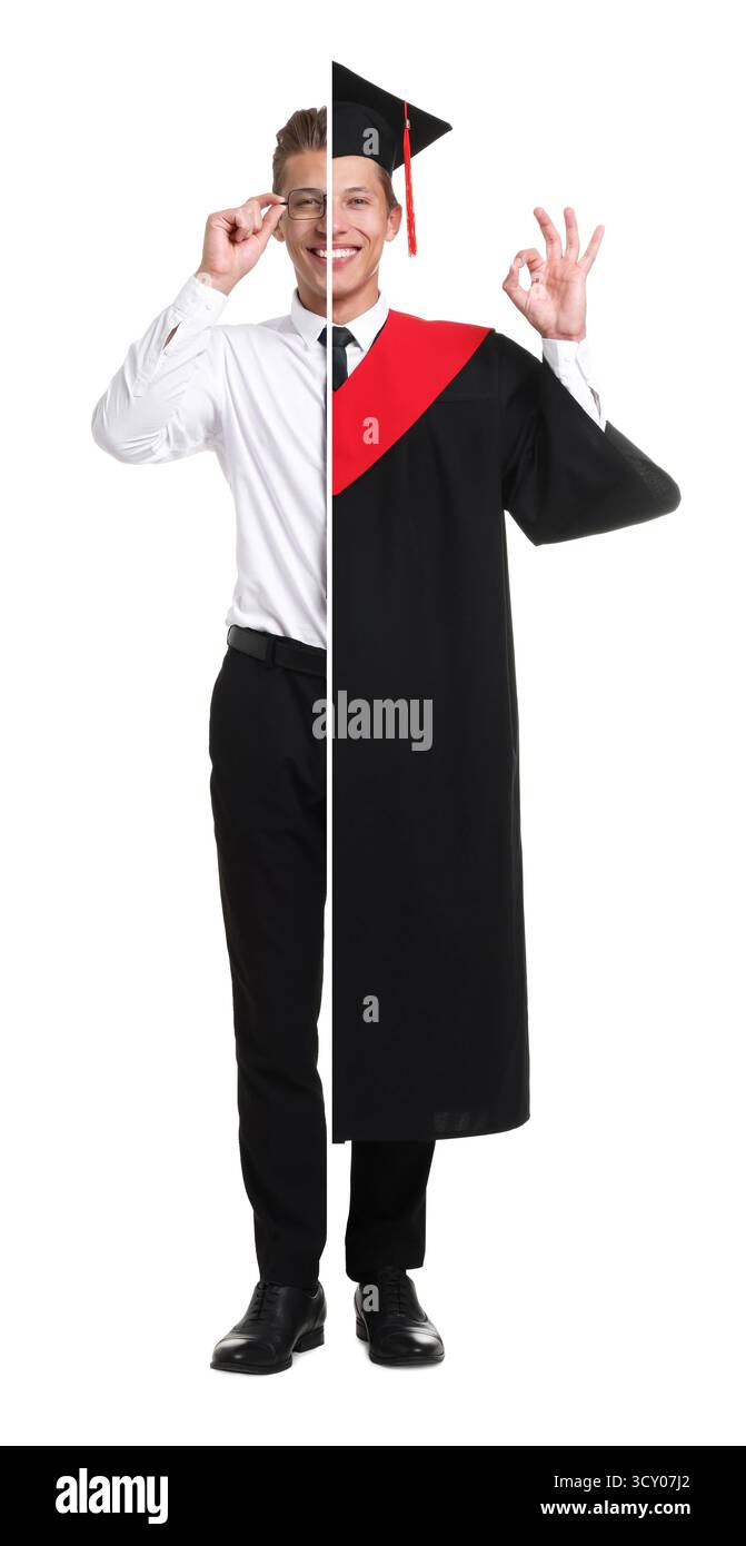 Choix de la profession. Portrait de l'homme divisé en moitiés : étudiant diplômé d'un côté et homme d'affaires de l'autre. Fond blanc Banque D'Images