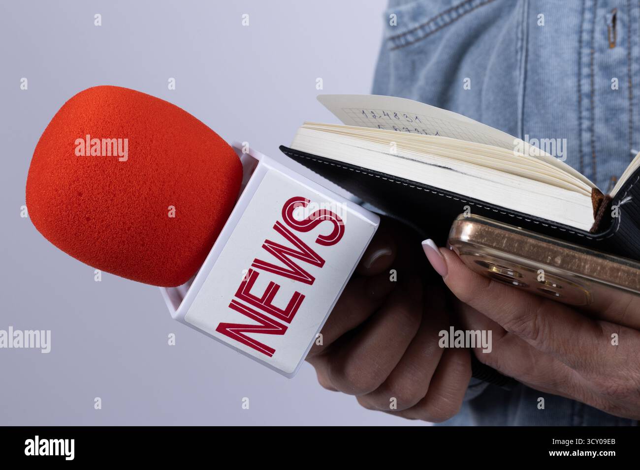 Une personne tient un microphone et un livre, se préparant à parler lors d'un événement public Banque D'Images