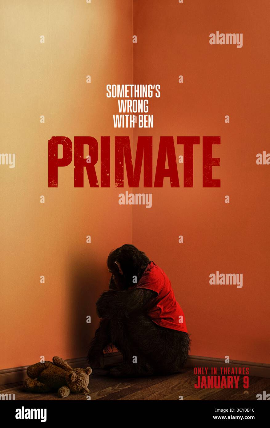 Primate (2025) réalisé par Johannes Roberts et mettant en vedette Johnny Sequoyah, Troy Kotsur et Jessica Alexander. Un groupe d'amis en vacances tropicales doit survivre lorsque leur chimpanzé Ben contracte la rage et devient violent, les piégeant dans un combat pour la vie. Affiche avancée AMÉRICAINE UNIQUEMENT POUR USAGE ÉDITORIAL. Crédit : BFA / Paramount Pictures Banque D'Images
