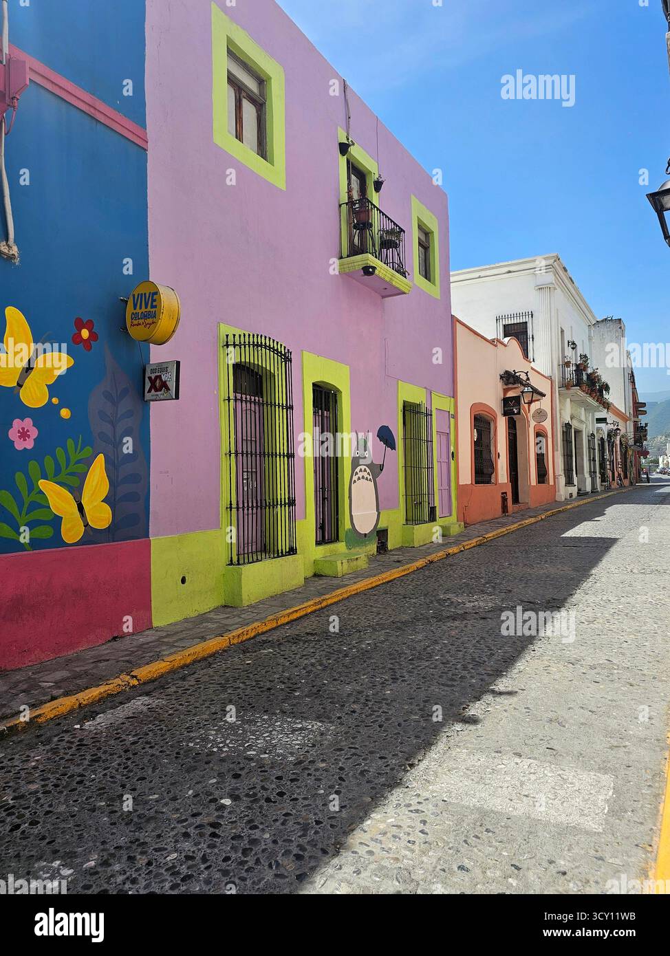 Monterrey, Nuevo Leon, Mexique - 30 juillet 2025 : bâtiments de style colonial, cafés, restaurants et maisons dans la vieille ville du centre-ville de Monterrey Banque D'Images