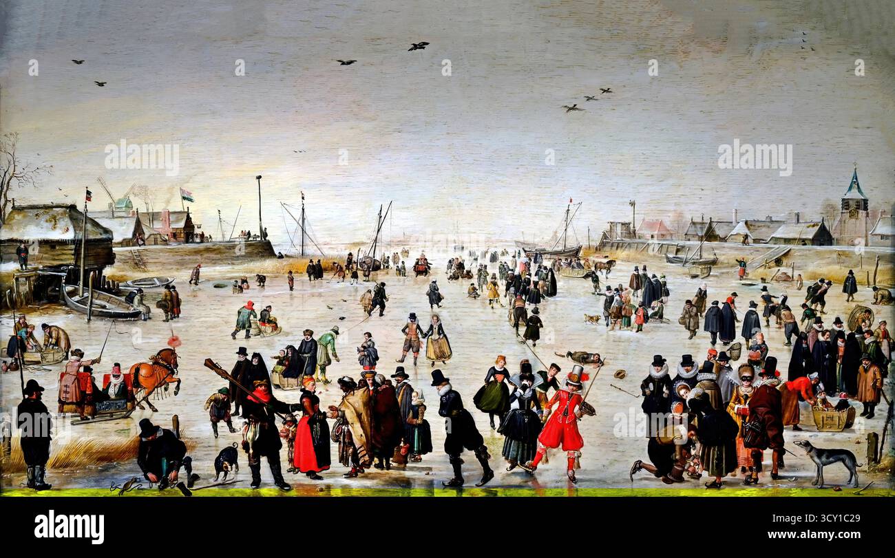 Hendrick Avercamp - scène hivernale sur un canal gelé, 1620. Illustration de Vecteur