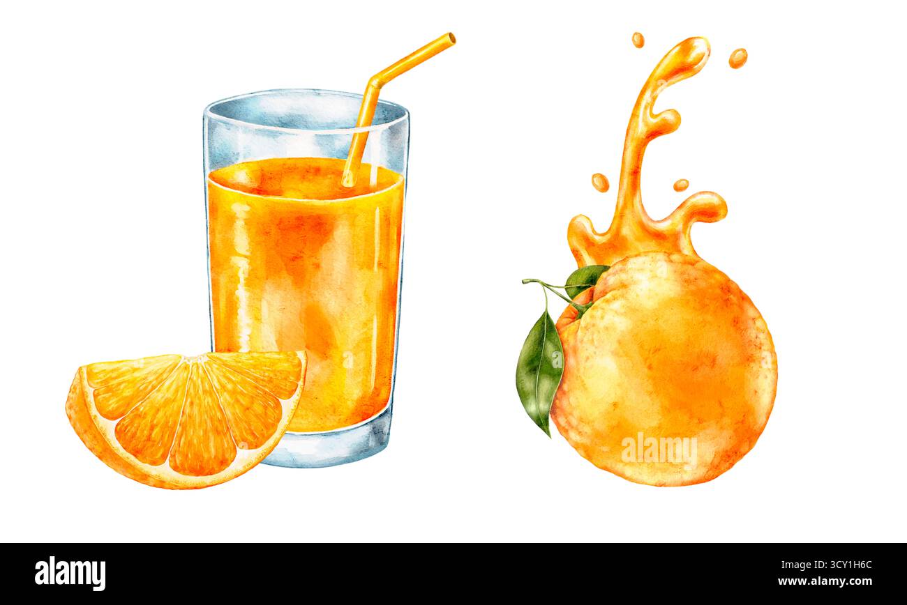 Aquarelle orange éclaboussure avec un verre de jus. Convient pour la marque de boissons, l'emballage de produits, les affiches de cuisine, les menus de boissons et les promotions d'été Banque D'Images
