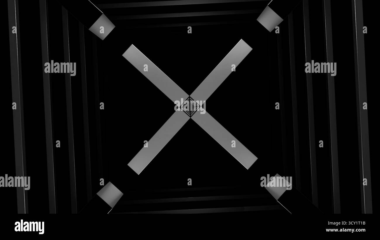 Tunnel géométrique abstrait noir et blanc créant une forme x Banque D'Images