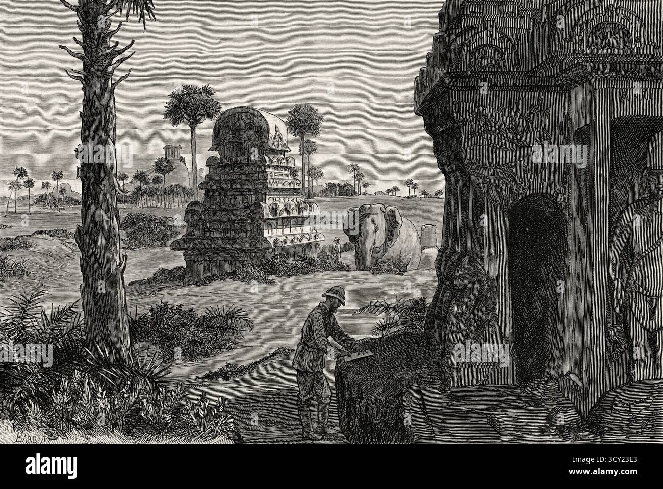 Nakula Sahadeva ratha et une statue d'éléphant. Pancha Rathas est un complexe monolithique indien d'architecture taillée dans la roche à Mahabalipuram sur la côte Coromandel de la baie du Bengale, district de Chengalpattu, État du Tamil Nadu, Inde. Asie du Sud. Huit jours en Inde, 1876 d'Emile Guimet (1836-1918) dessins de la vie de Félix Régamey (1844-1907) le Tour du monde 1888 Banque D'Images