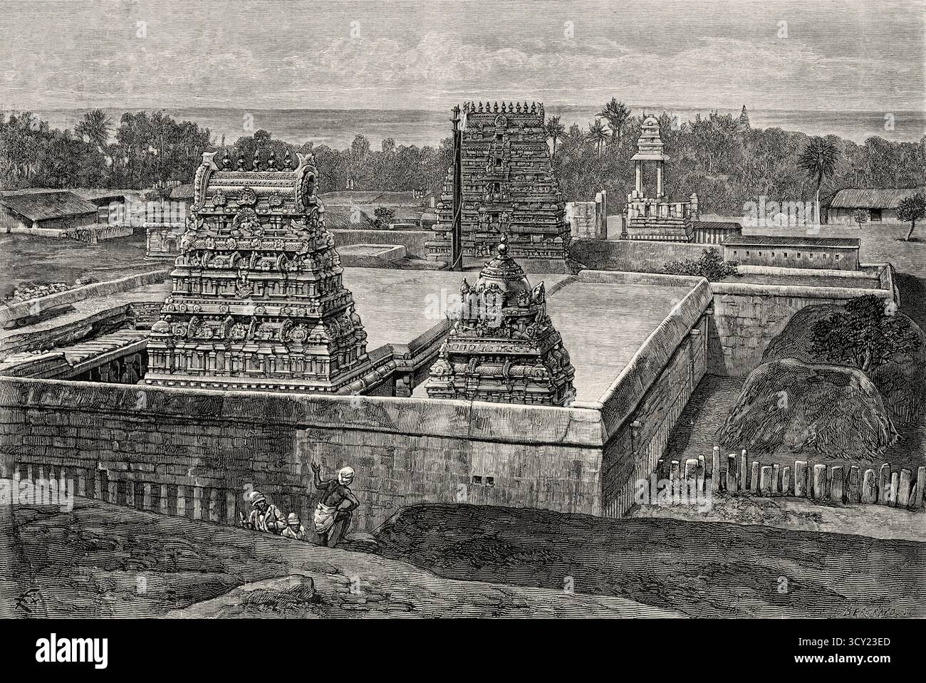 Pancha Rathas est un complexe monolithique indien d'architecture taillée dans la roche à Mahabalipuram sur la côte Coromandel de la baie du Bengale, district de Chengalpattu, État du Tamil Nadu, Inde. Asie du Sud. Huit jours en Inde, 1876 d'Emile Guimet (1836-1918) dessins de la vie de Félix Régamey (1844-1907) le Tour du monde 1888 Banque D'Images