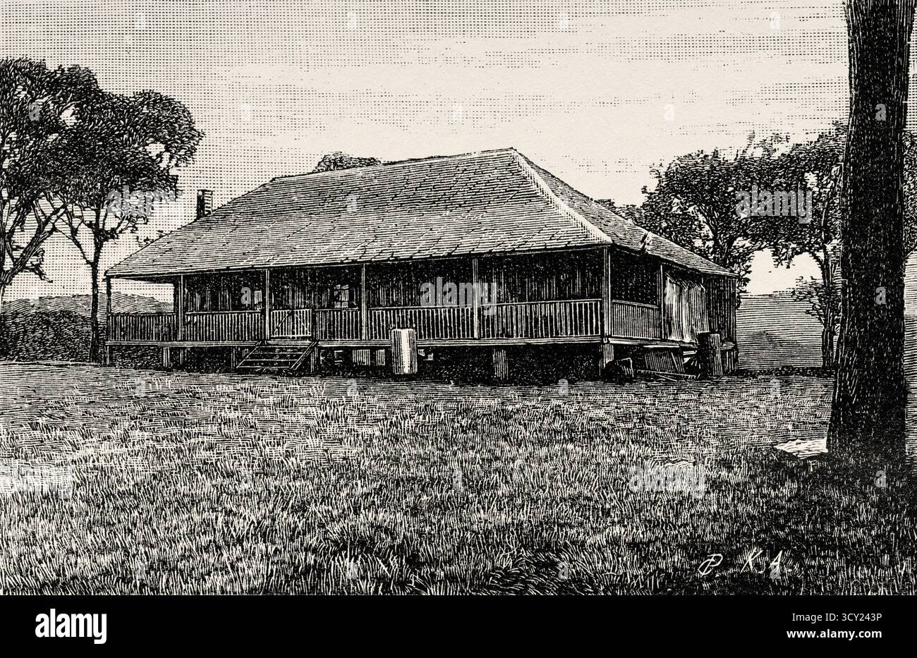 Squatters Homestead. Australie, Océanie. Au pays des cannibales. Voyage d'exploration parmi les indigènes de l'Australie orientale, 1880-1884 par Carl Lumholtz (1851-1922) le Tour du monde de 1888 Banque D'Images