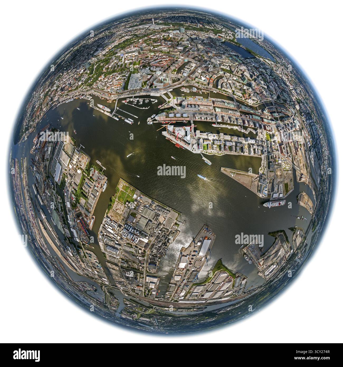 Port de Hambourg, objectif fisheye, fisheye, image ronde, Hambourg, Allemagne, Europe, vue aérienne, vue des yeux d'oiseau, photographie aérienne, photographie aérienne, o Banque D'Images