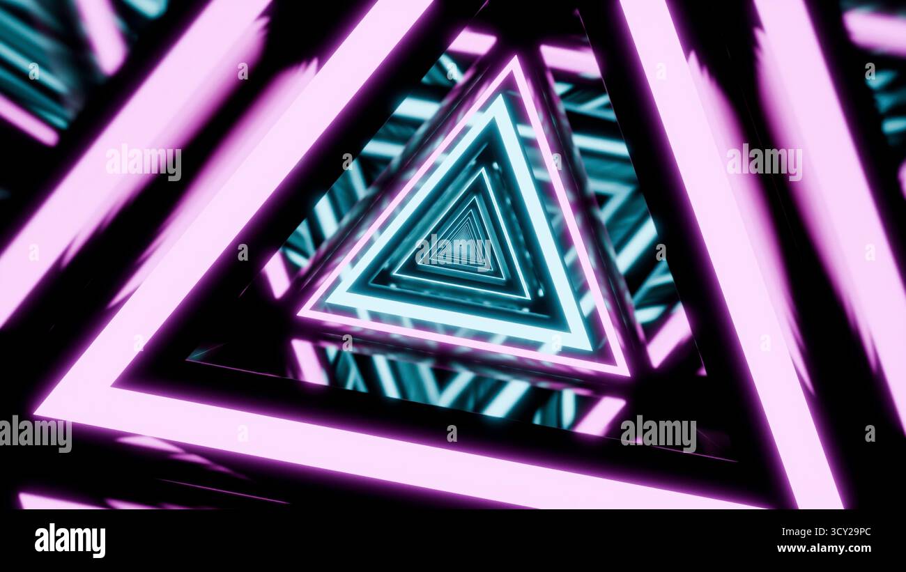 Tunnel triangulaire abstrait au néon créant une illusion de lumière futuriste Banque D'Images