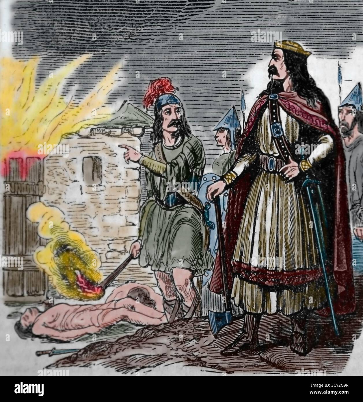 Après la rébellion de son fils Chramne, Chlothar Ier 'le Vieux' roi des Francs ordonna la mort de Chramne et de sa famille en mettant le feu à la cabane où ils s'étaient réfugiés en Bretagne. vie siècle. Gravure du XIXe siècle. Banque D'Images