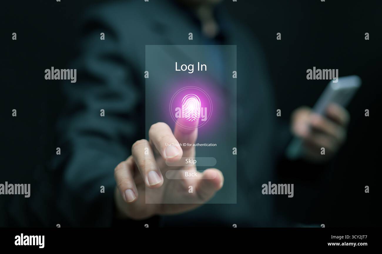 Main appuyant sur l'icône d'empreinte digitale pour l'accès à la connexion sur l'écran virtuel avec smartphone, représentant l'authentification biométrique, la sécurité de l'identité numérique, a Banque D'Images