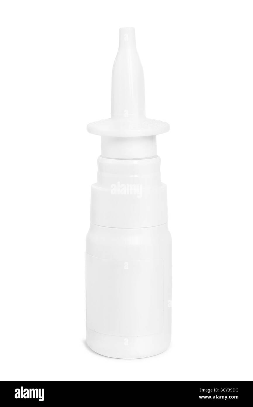 Flacon blanc en plastique pour pulvérisation nasale à usage médical isolé sur blanc Banque D'Images