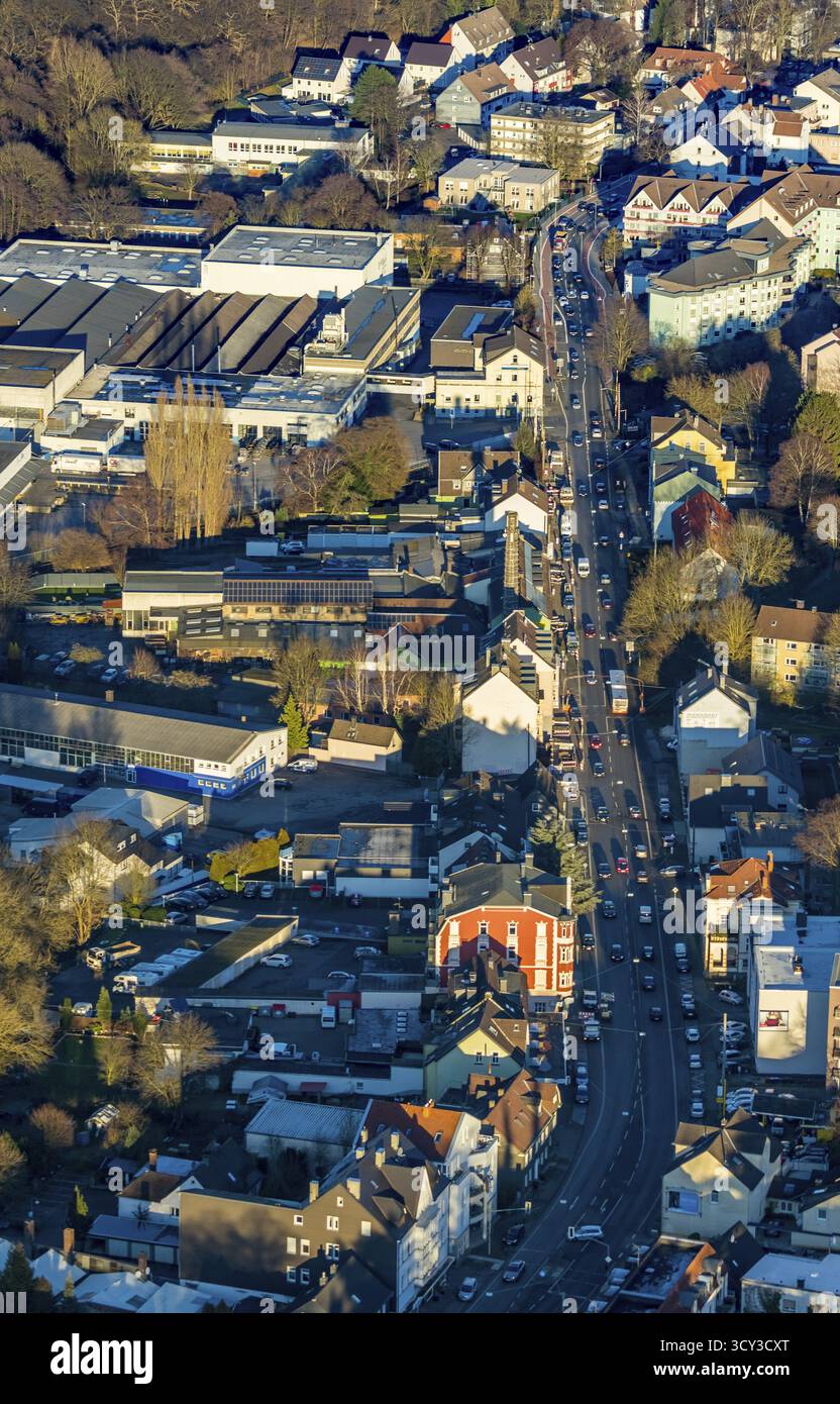 Vue aérienne, zone résidentielle et zone commerciale Hagener Strasse, Gevelsberg, zone de la Ruhr, Rhénanie du Nord-Westphalie, Allemagne, DE, Europe, commercial buil Banque D'Images