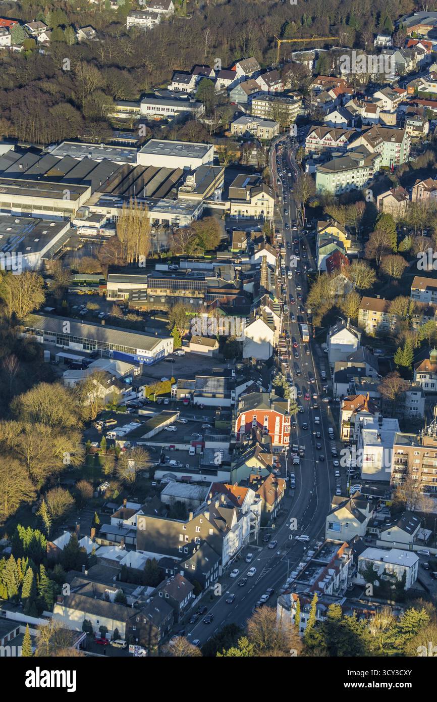 Vue aérienne, zone résidentielle et zone commerciale Hagener Strasse, Gevelsberg, zone de la Ruhr, Rhénanie du Nord-Westphalie, Allemagne, DE, Europe, commercial buil Banque D'Images