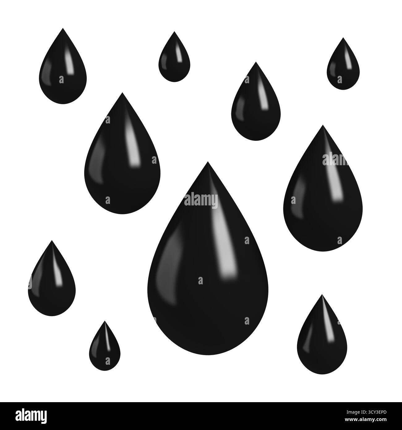 Gouttes d'huile noires. Isolé. illustration 3d. Banque D'Images