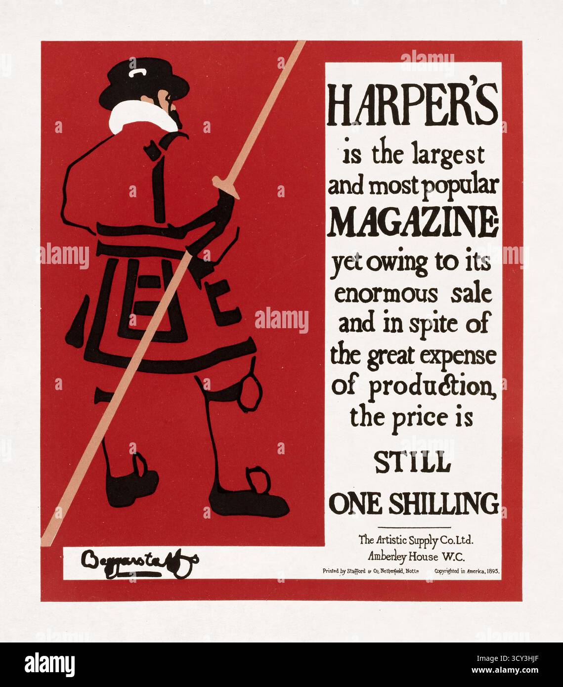 Lithographie en couleur par Beggarstaffs représentant un Beefeater (garde du corps du monarque britannique) pour promouvoir Harper's Magazine. Harper's Magazine - Beggarstaf Banque D'Images