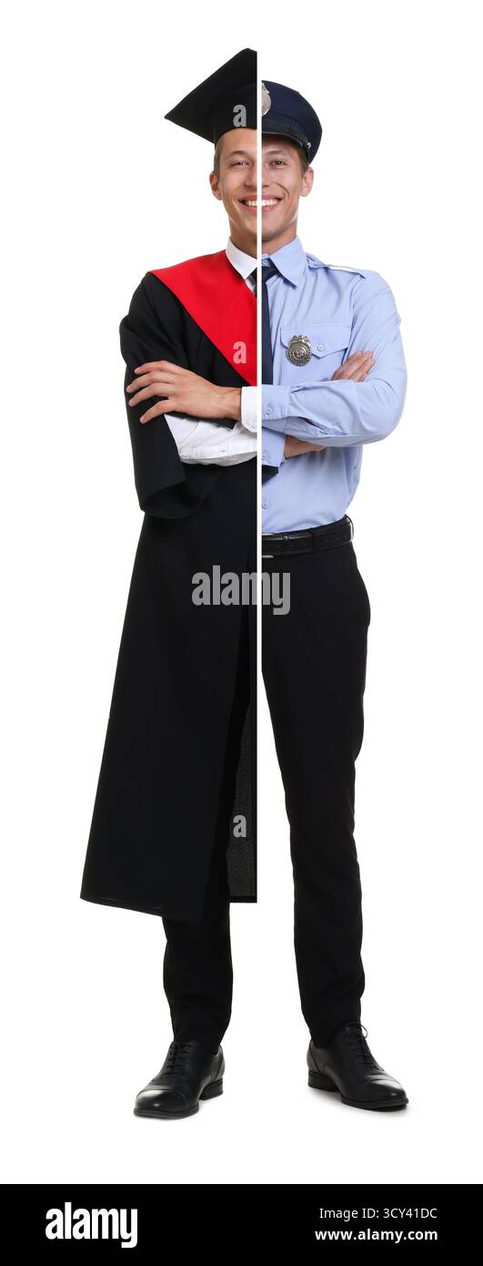 Choix de la profession. Portrait combiné d'étudiant diplômé sur une moitié et policier sur l'autre. Fond blanc Banque D'Images