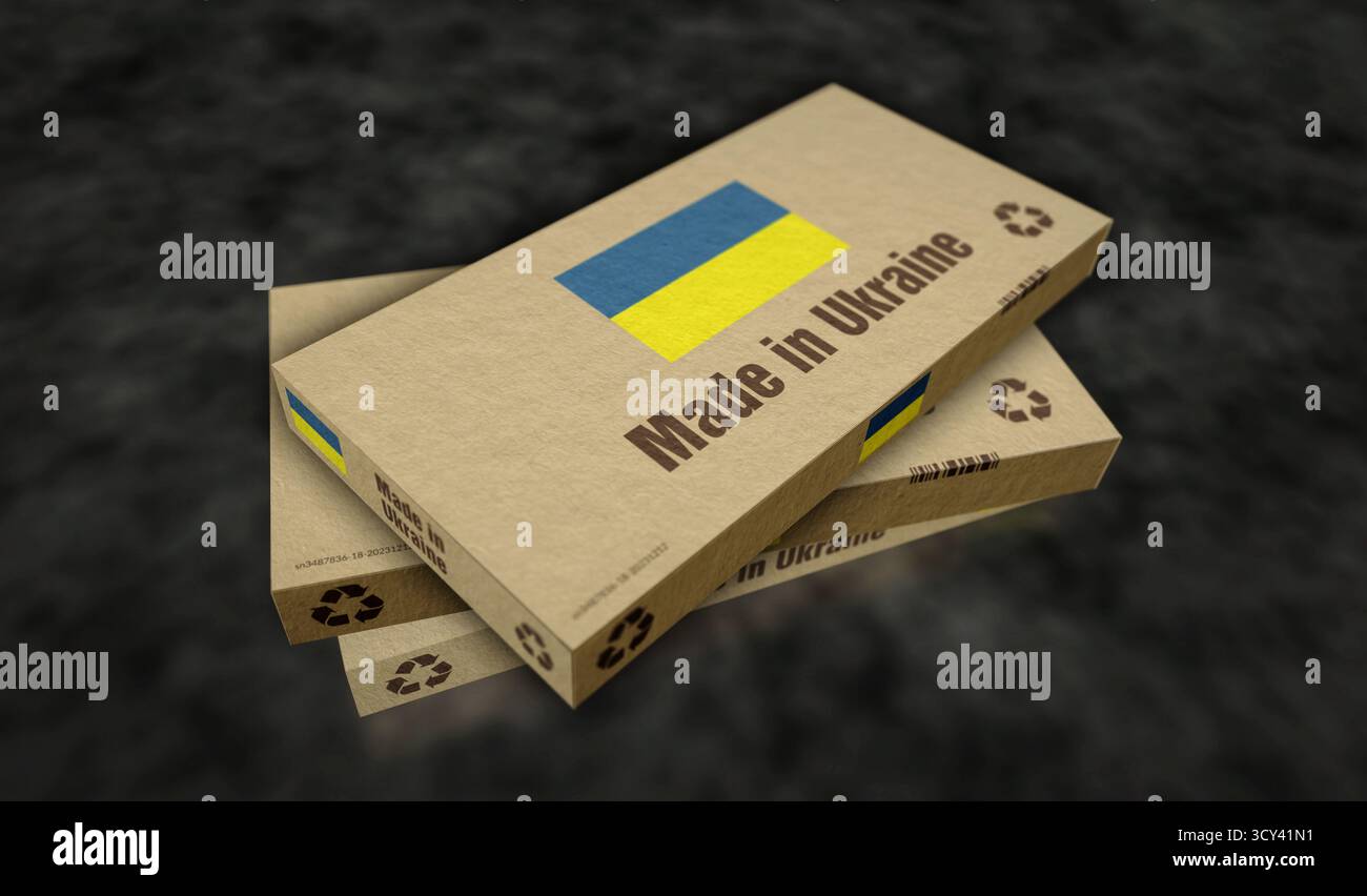 Fabriqué en Ukraine ligne de production de boîte. Ukrainien, fabrication et livraison de drapeau. Usine de produit, importation et exportation. Concept abstrait illustration 3D. Banque D'Images
