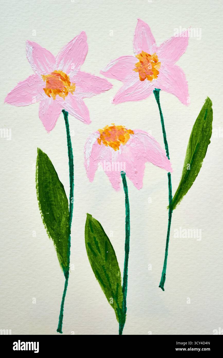 Une belle peinture faite à la main de trois fleurs roses avec des feuilles vertes sur papier texturé. Cette illustration charmante et simple est parfaite pour saluer Banque D'Images