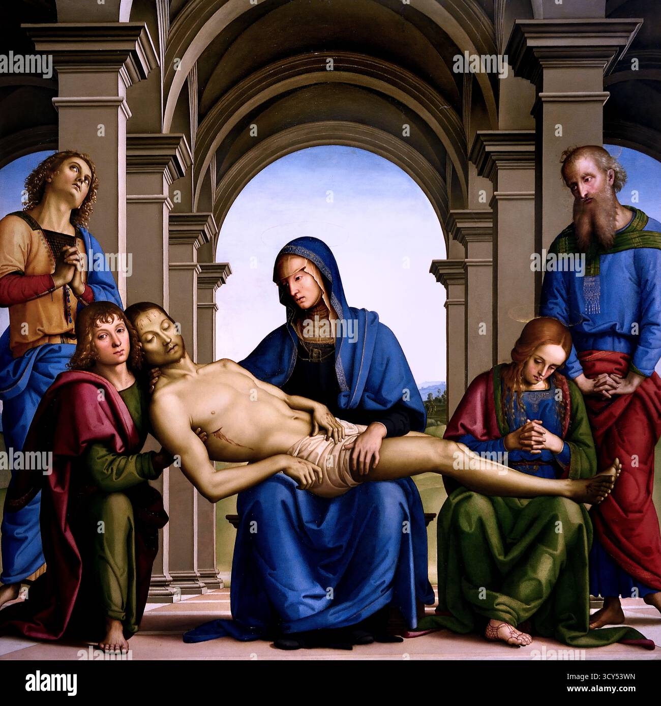Pieta 1493 Pietro Perugino 1446/1452 – 1523 né Pietro Vannucci, peintre italien de la Renaissance de l'école ombrienne, Italie ( peint pour l'église du couvent de San Giusto ) Pieta, Vierge Marie, tenue et deuil, corps mort de Jésus, Marie la mère en deuil , corps de Jésus, après la Crucifixion, Banque D'Images