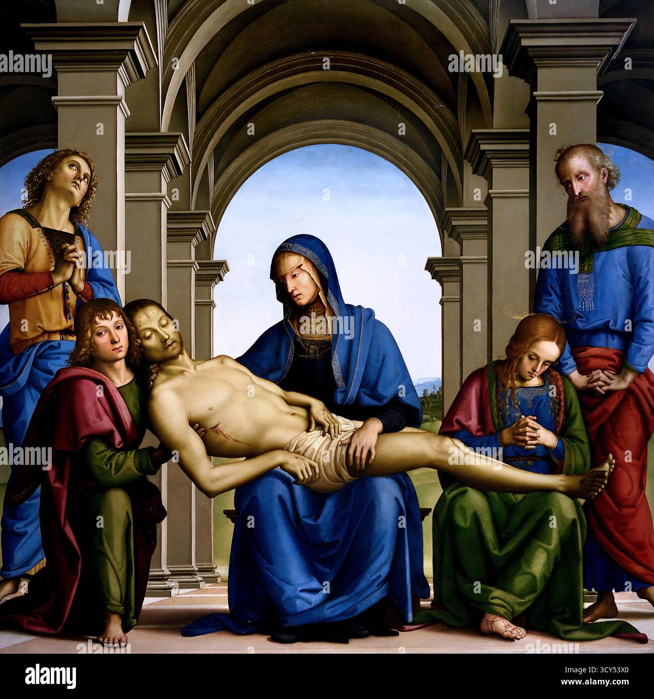 Pieta 1493 Pietro Perugino 1446/1452 – 1523 né Pietro Vannucci, peintre italien de la Renaissance de l'école ombrienne, Italie ( peint pour l'église du couvent de San Giusto ) Pieta, Vierge Marie, tenue et deuil, corps mort de Jésus, Marie la mère en deuil , corps de Jésus, après la Crucifixion, Banque D'Images