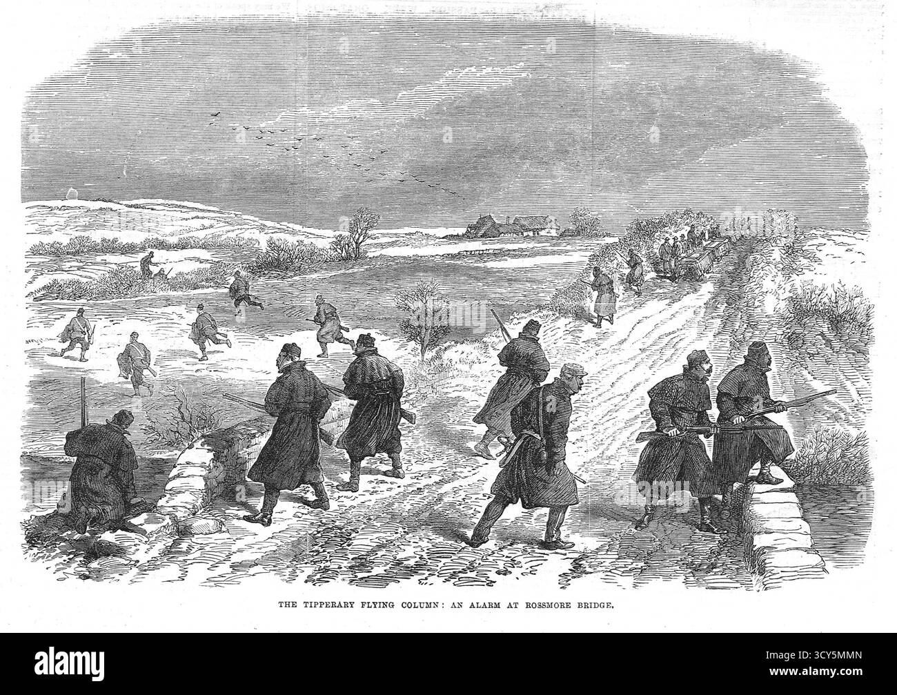 La poursuite des Fenians à Tipperary, en Irlande, la colonne volante de Tipperary, une alarme au pont de Rossmore, suite au soulèvement des Fenian, 1867 Banque D'Images