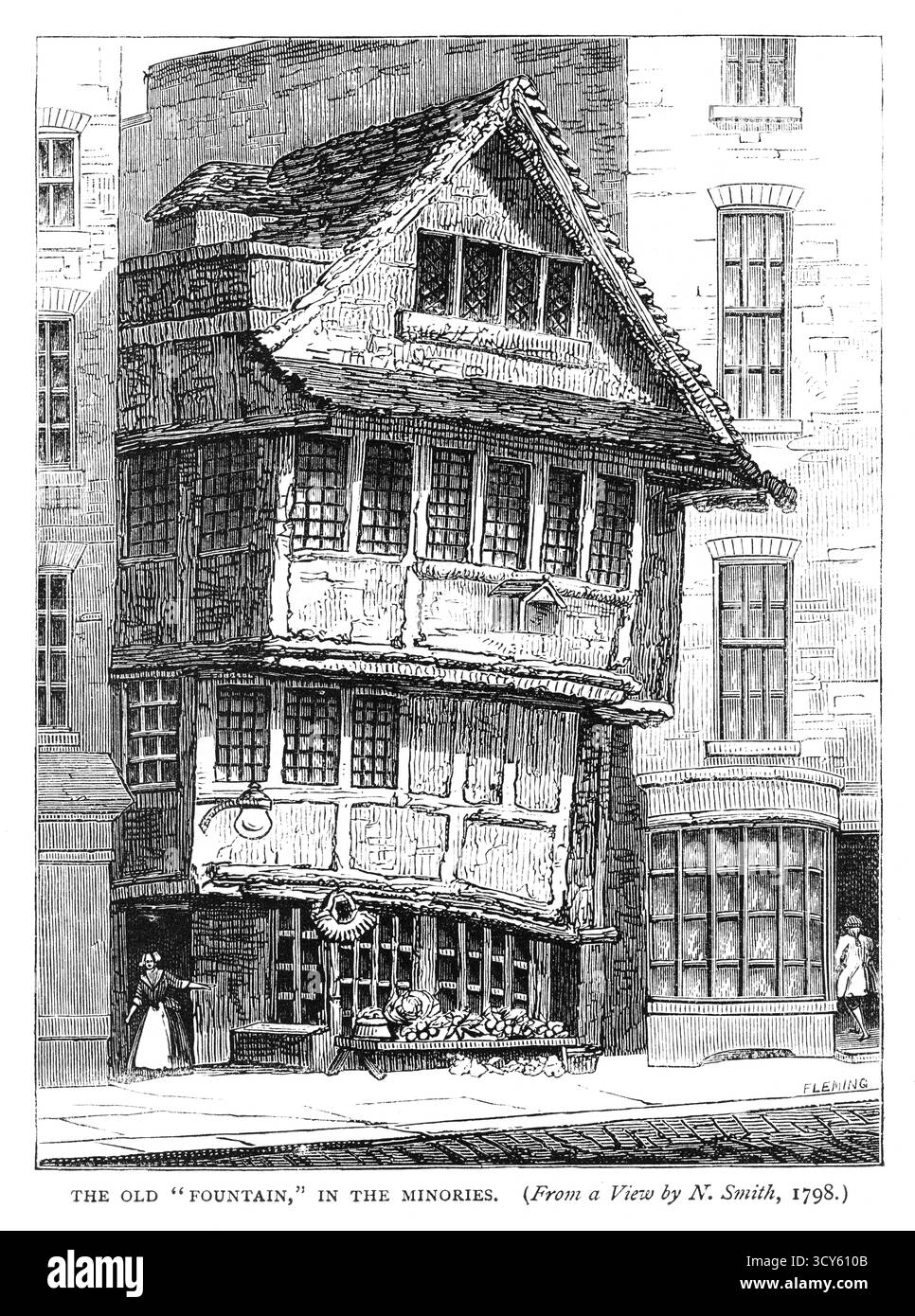 Gravure du 19ème siècle de l'extérieur de l'Old Fountain Inn dans les Minories dans la ville de Londres. C'était une auberge à ossature de bois construite vers 1490, démolie en 1793 puis reconstruite. Cette gravure est une « copie » de « une vue publiée à l’origine par N. Smith, 1798. Banque D'Images