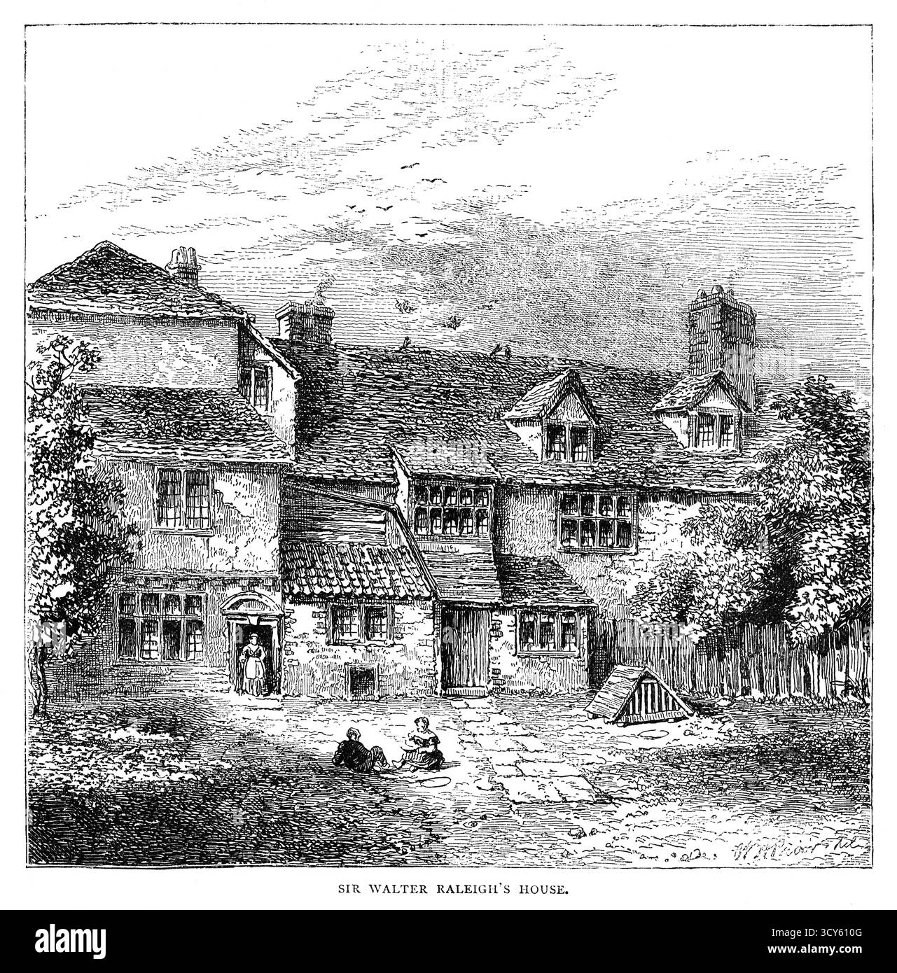 Gravure du XIXe siècle de l’extérieur du côté nord de la maison de Walter Raleigh à Islington, Londres. Il a été construit sur le site de la taverne Old pied Bull, à l'angle de Theberton Street, à Islington London. Il a été démoli en 1827. Banque D'Images