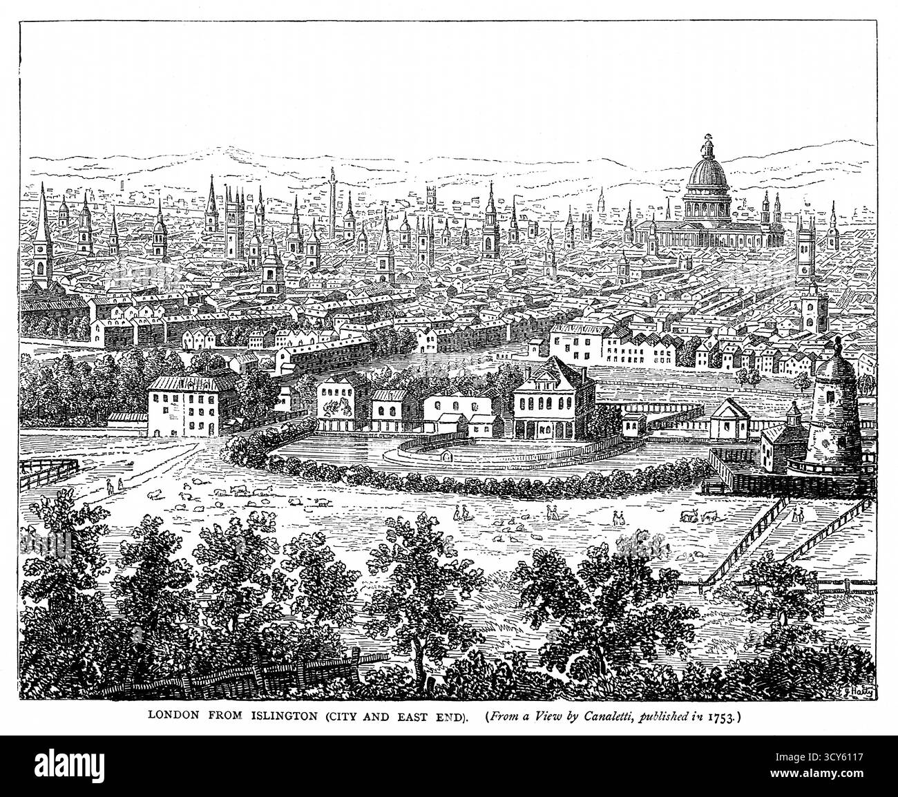 Gravure du XIXe siècle montrant une vue surélevée de Londres depuis Islington vers la City et l'East End, basée sur un croquis de Canaletto de 1753. Il comprend de nombreuses flèches d’église, la cathédrale de Paul et les bâtiments à la tête de la rivière New. Banque D'Images
