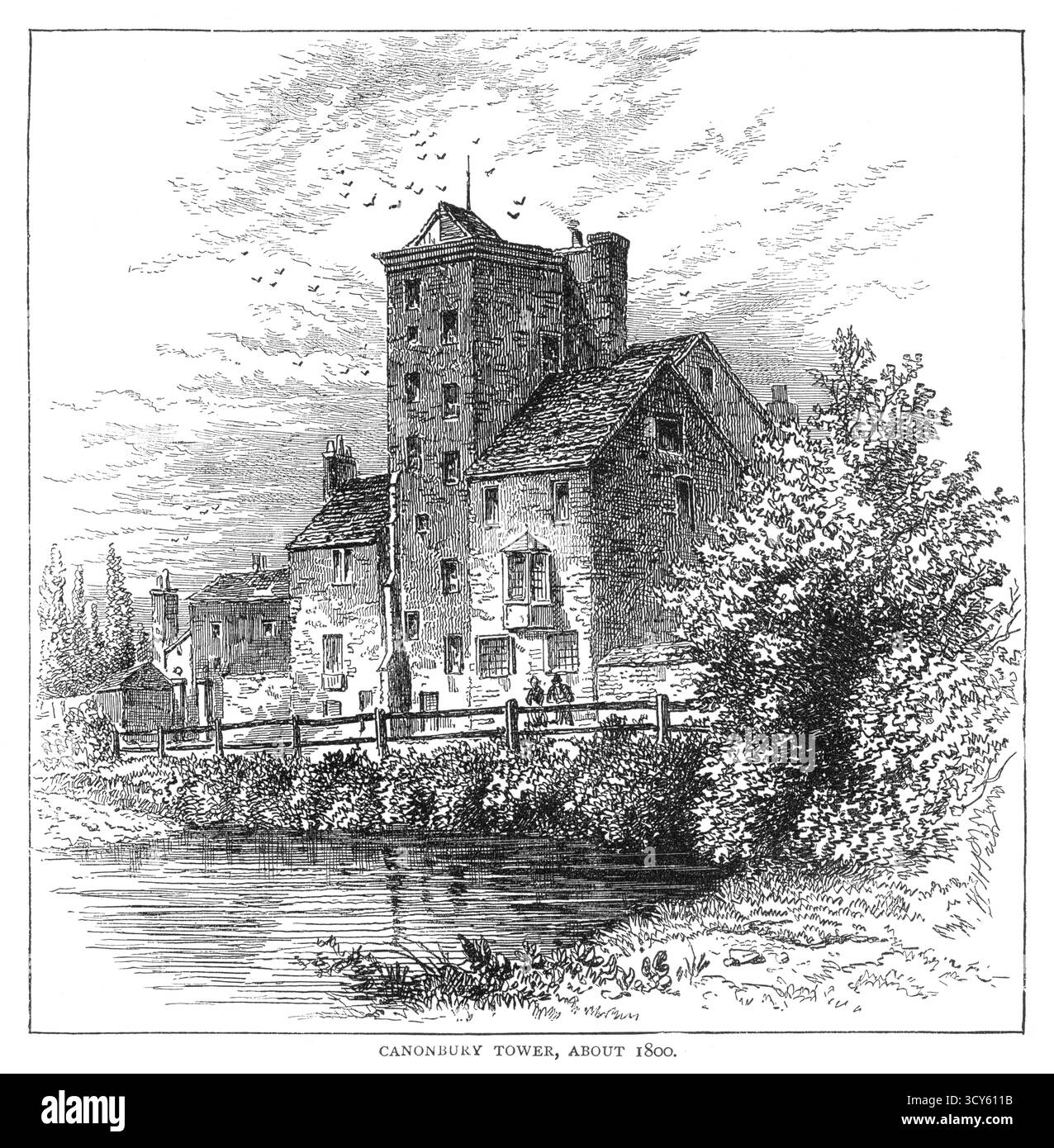Gravure du XIXe siècle de la tour Canonbury vers 1800. Canonbury Tower faisait partie d'un domaine appartenant au marquis de Northampton. La tour elle-même a été construite à la fin du XVIe siècle Banque D'Images