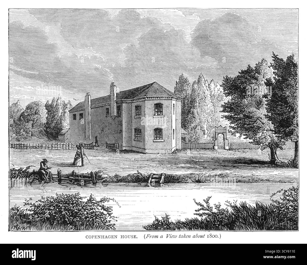 Gravure du XIXe siècle de l'extérieur de Copenhagen House vers 1800. C'était une célèbre taverne et jardin de thé à Islington, Londres, situé dans une zone connue sous le nom de Copenhagen Fields. Ce site était un lieu de rassemblement populaire pour les réunions publiques et les manifestations, connu pour les grandes foules qui s'y rassemblaient. Il a été démoli dans les années 1850 Banque D'Images