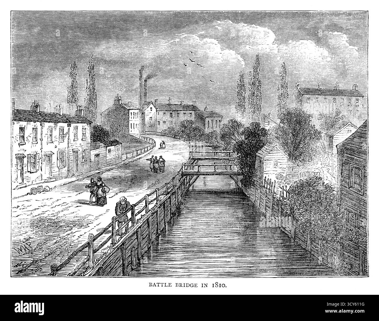 Gravure du 19ème siècle du pont de bataille en 1810. Battle Bridge était un quartier londonien près de la flotte fluviale, connu pour ses champs, ses briques et un « grand tas de poussière » utilisé pour la fabrication de briques. La zone avait un mélange d'espaces ouverts et de petites colonies, situées sur une route au nord de Londres qui était en cours de développement avec l'achèvement de la 'New Road' (Euston Road) en 1756. Banque D'Images