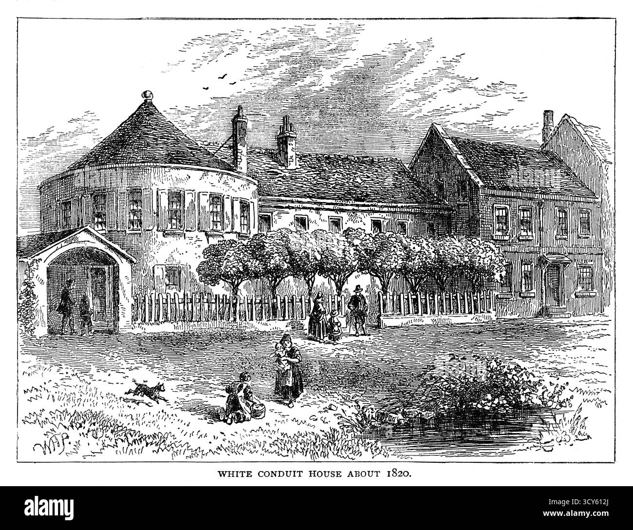 Gravure du XIXe siècle de la White conduit House, un bâtiment à Islington, Londres. À partir de la fin du XVIIe siècle, c'était une station de loisirs éloignée du centre-ville. Il a été démoli vers 1829 bien que certains registres indiquent 1849. Banque D'Images